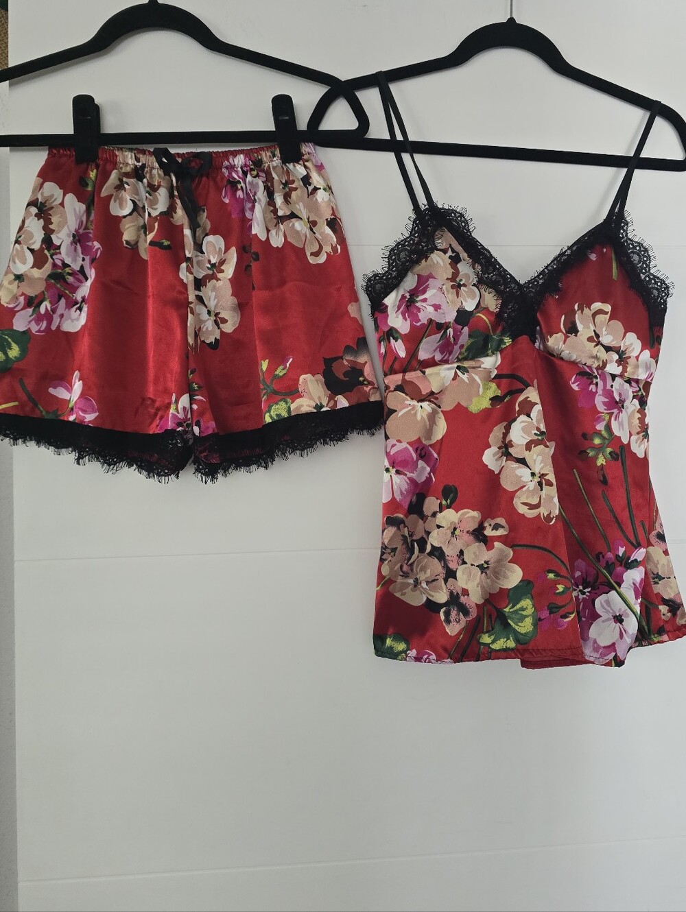 Red Floral Satin & Black Lace Cami Pajama Shorts Set